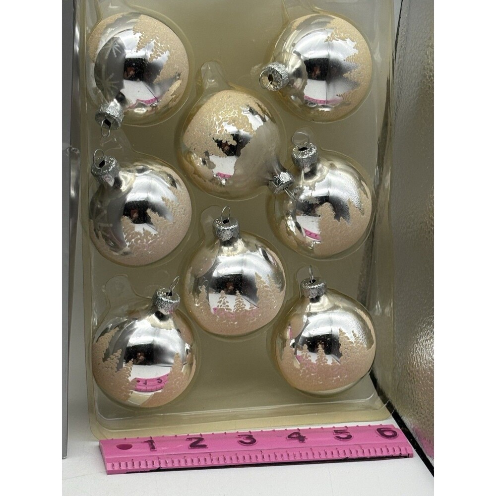 Silver Glass Christmas Ball Ornaments White Flocked Trees Set of 8 Boxed